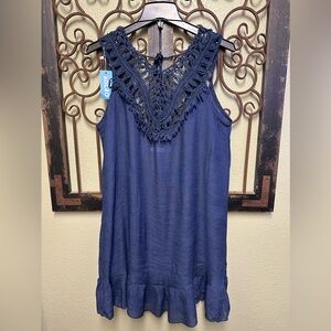 Aolro navy blue crochet Pom Pom tie open back dress swim suit cover up